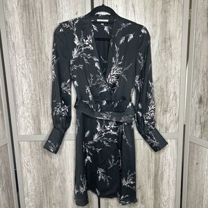 Equipment Mini Dress Black Floral Wrap Long Sleeves Belted Size 0